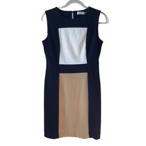 Calvin Klein Size 8 Blue Tan and White Colorblock Sleeveless Dress